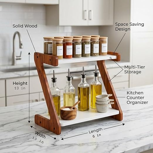 Kitchen Organizer Rack – Multi-Purpose Kitchen Stand for Countertop & Cabinet Storage | Heavy-Duty Kitchen Rack Organizer for Spices, Utensils, Dishes & Pantry Items (2 Tier Z shape Rack)