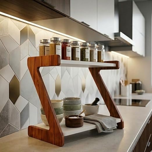 Kitchen Organizer Rack – Multi-Purpose Kitchen Stand for Countertop & Cabinet Storage | Heavy-Duty Kitchen Rack Organizer for Spices, Utensils, Dishes & Pantry Items (2 Tier Z shape Rack)