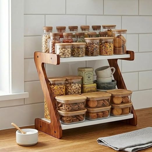 Kitchen Organizer Rack – Multi-Purpose Kitchen Stand for Countertop & Cabinet Storage | Heavy-Duty Kitchen Rack Organizer for Spices, Utensils, Dishes & Pantry Items (2 Tier Z shape Rack)