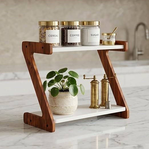 Kitchen Organizer Rack – Multi-Purpose Kitchen Stand for Countertop & Cabinet Storage | Heavy-Duty Kitchen Rack Organizer for Spices, Utensils, Dishes & Pantry Items (2 Tier Z shape Rack)