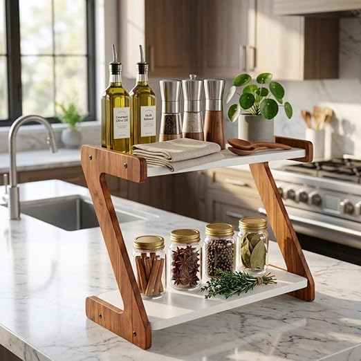 Kitchen Organizer Rack – Multi-Purpose Kitchen Stand for Countertop & Cabinet Storage | Heavy-Duty Kitchen Rack Organizer for Spices, Utensils, Dishes & Pantry Items (2 Tier Z shape Rack)