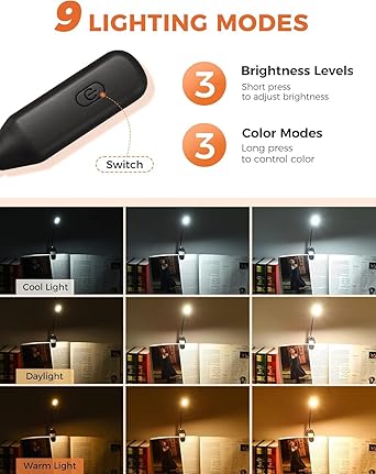 XERGY Book Lights for Reading at Night in Bed, 80 Hours Runtime Rechargeable Reading Lights for Books in Bed, 3 Brightness Levels × 3 Color Temperatures, Lightweight
